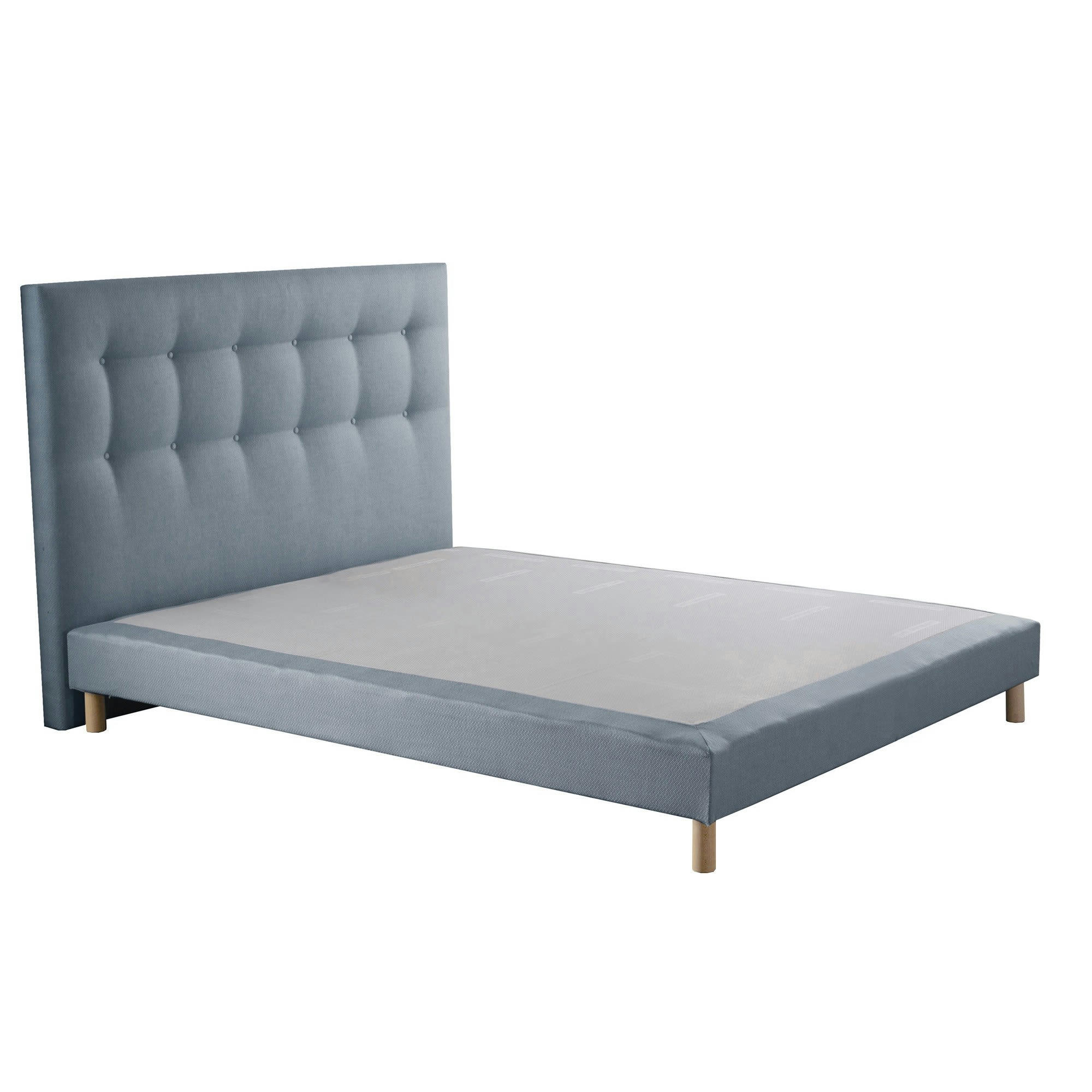 AUBE - Sommier tapissier + tete de lit capitonnée Bleu ciel 160x200