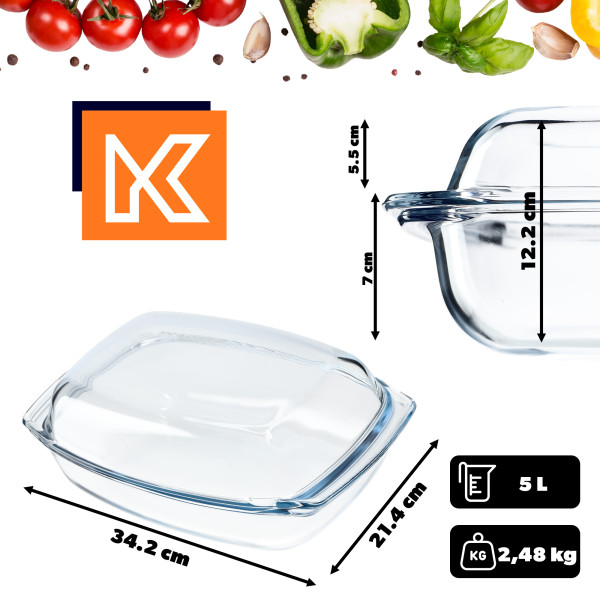 Kadax Naczynie Żaroodporne Prostokątne Pokrywa 5L