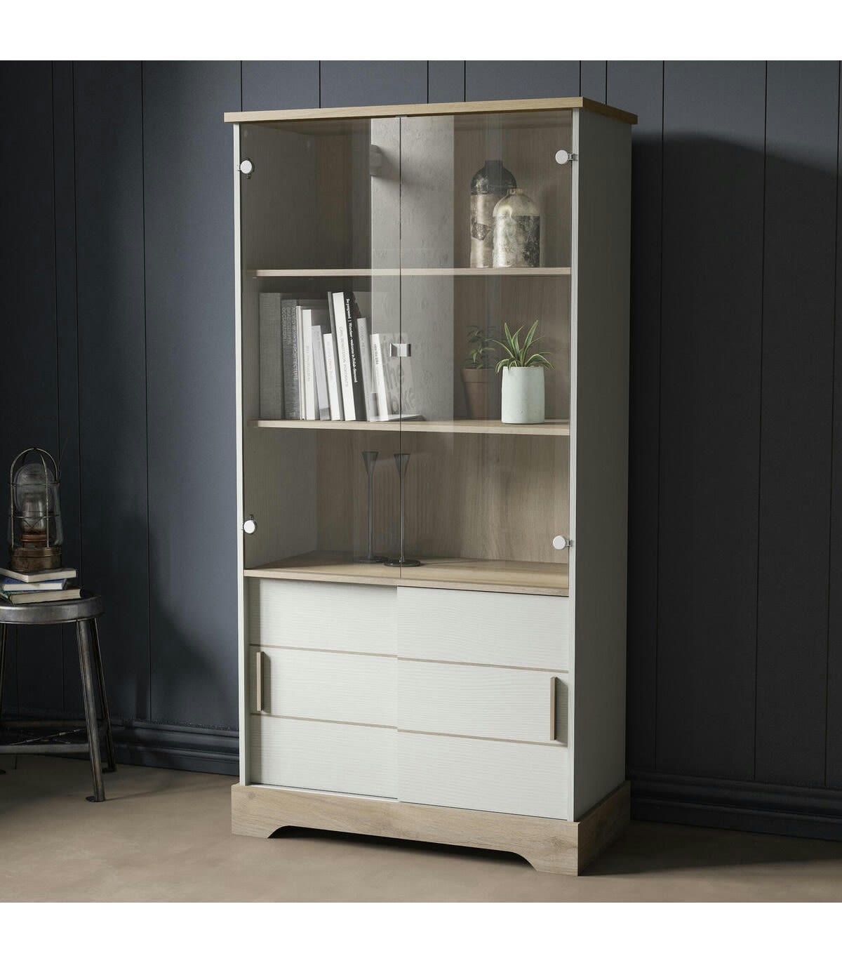 COTTAGE - Vaisselier 2 Portes Coulissantes L92x H180 cm - Décor Blanc et Bois