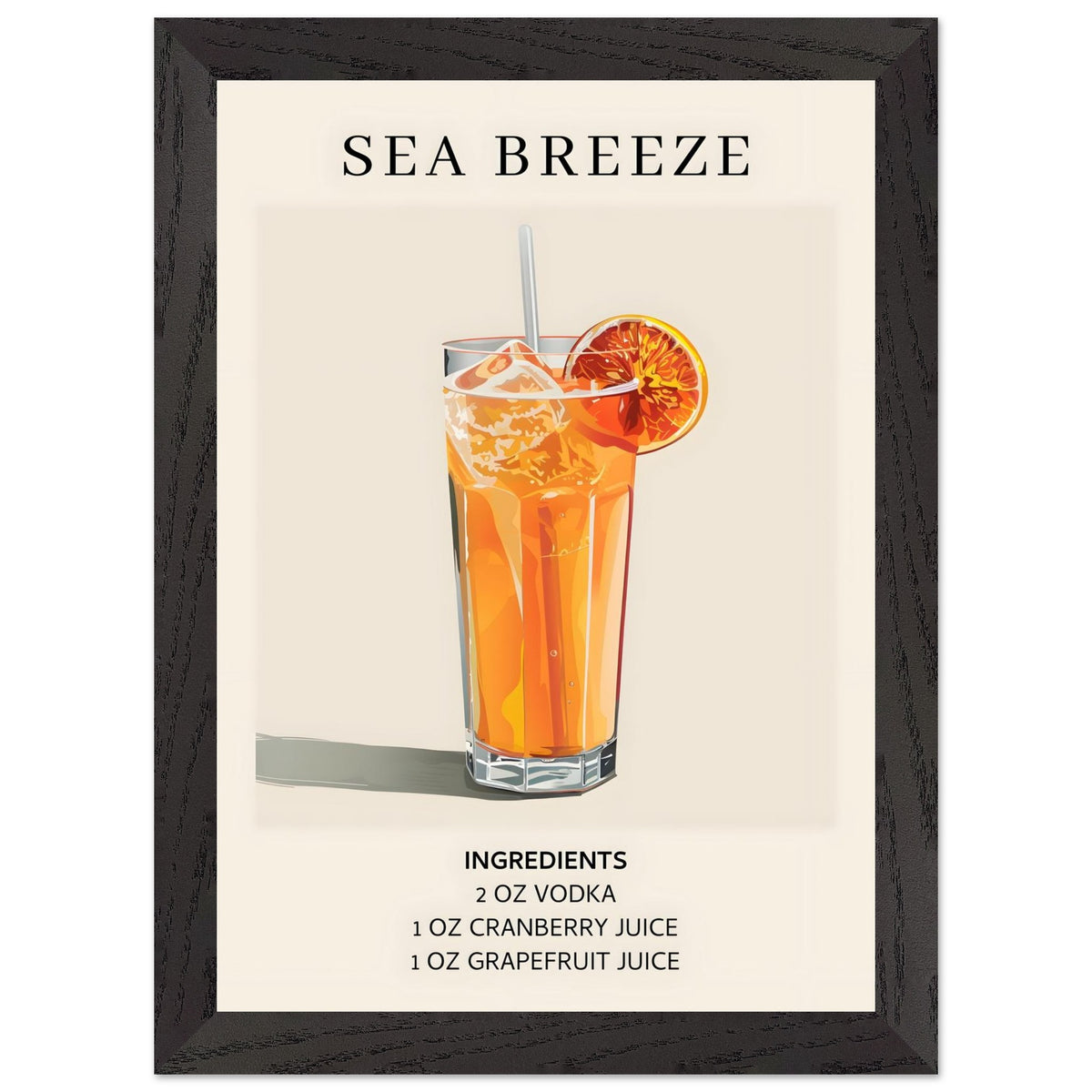 Artfulprints Poster met Lijst Sea Breeze cocktail - Ingrediënten  - A4 21x29.7 cm - Oranje