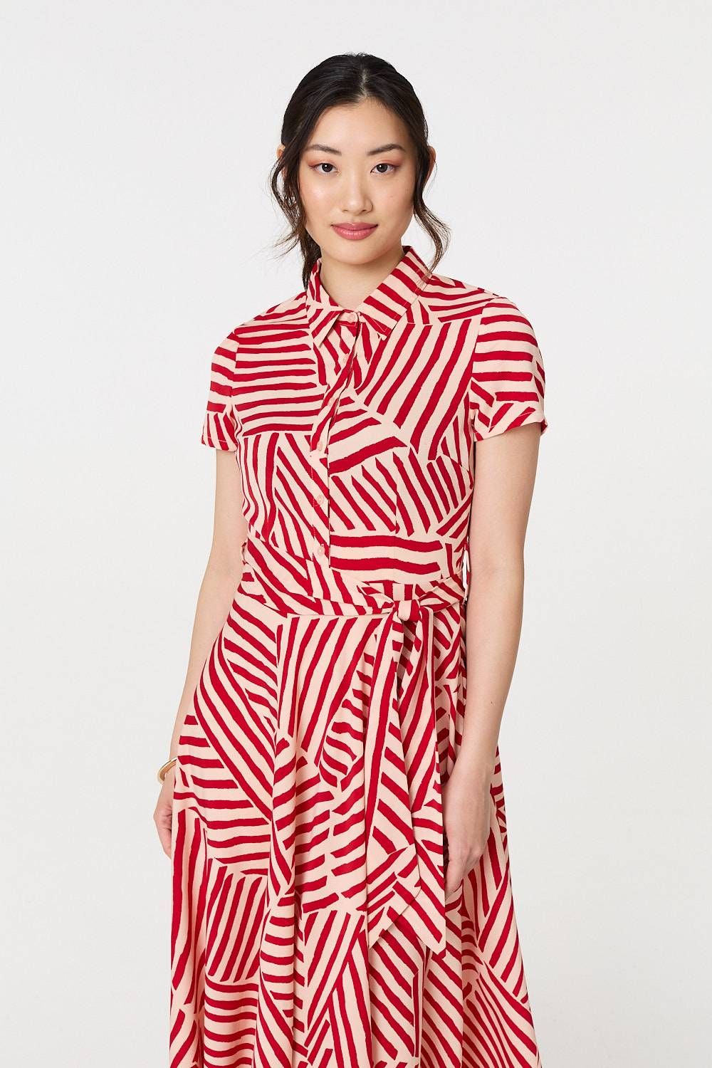 Izabel London Striped Tie Waist Midi Shirt Dress