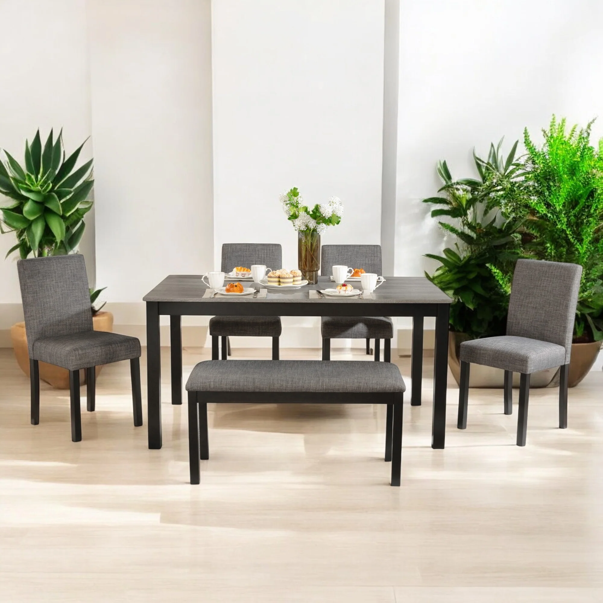 6-Piece Dining Table Set with Bench & 4 Upholstered Chairs - Solid Wood Frame, Linen Fabric Seats for Kitchen or Dining Room