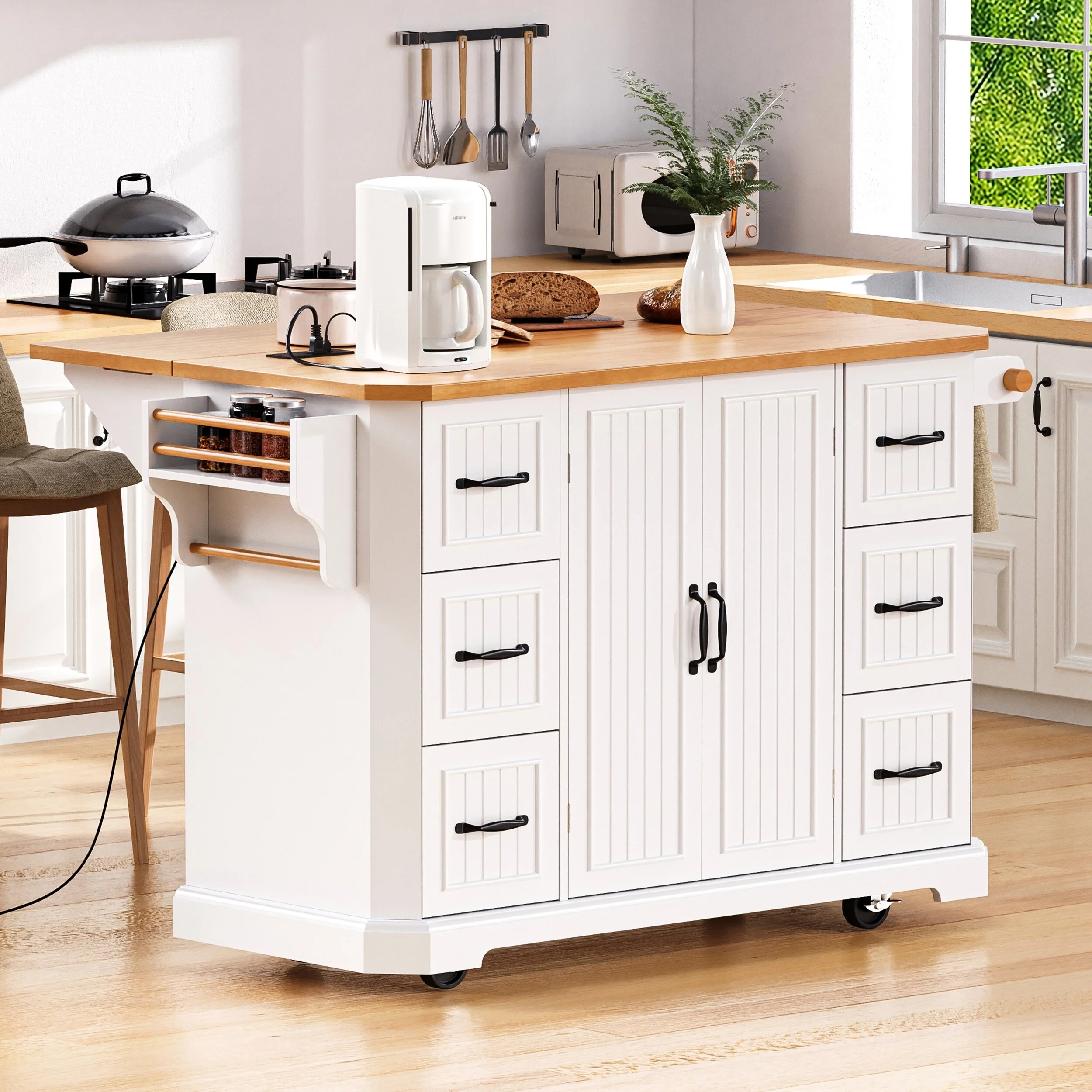 Rubber Wood Veneer Kitchen Island wirh Power Outlet, Fold Board & Drawers, Vertical Stripe Rolling Storage Push Cart for Kitchen
