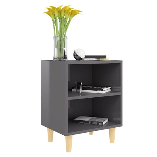 NNEVL Bed Cabinet with Solid Wood Legs High Gloss Grey 40x30x50 cm