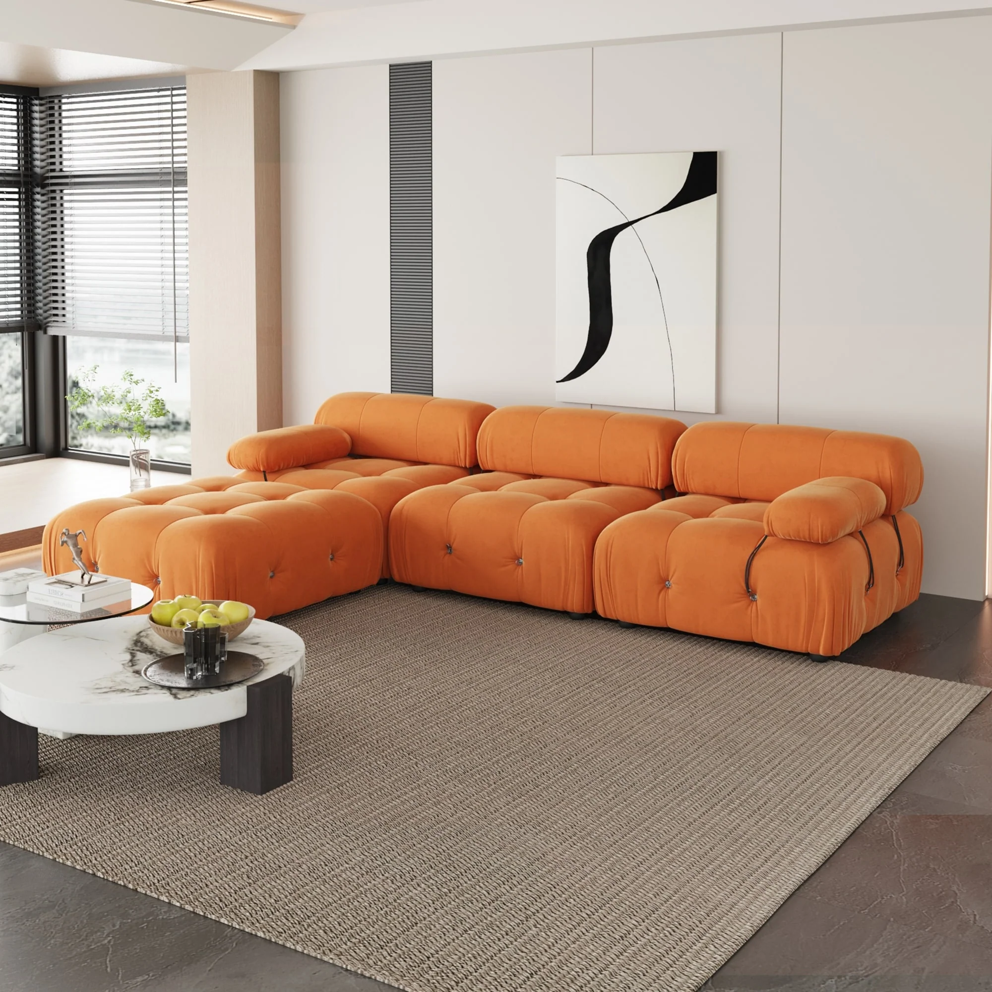 L-Shaped Velvet Sectional Sofa with Ottoman