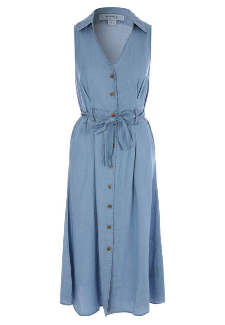 Womens Denim Look Sleeveless Shirt Dress