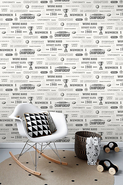 ESTAhome papier peint citations de sport noir sur blanc cassé 53 cm x 10.05 m