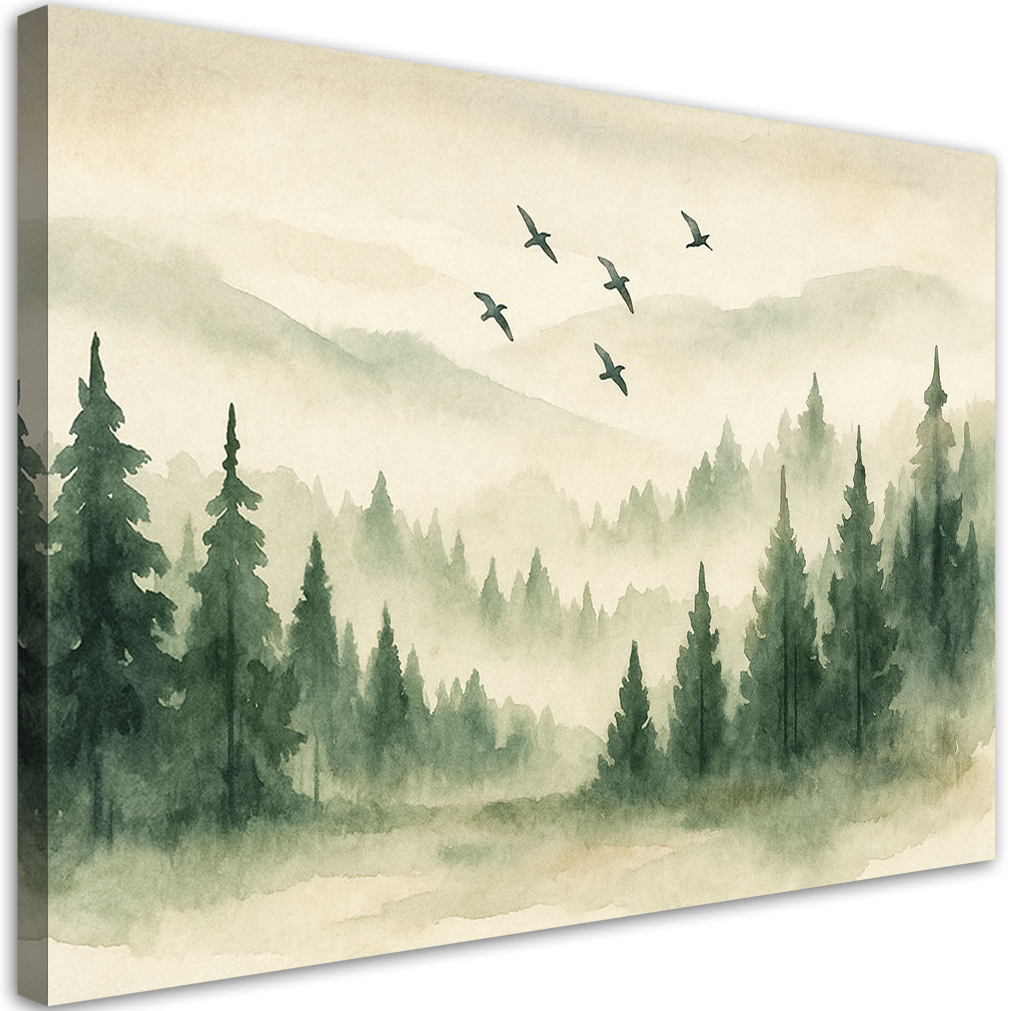 Feeby Obraz do salonu, Las Góry Ptaki Akwarela Zieleń Natura 60x40