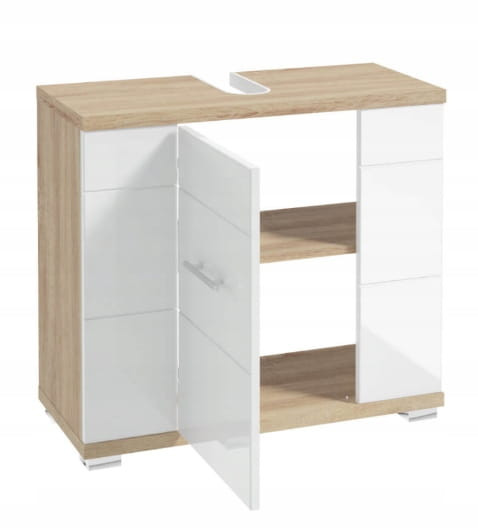 Szafka łazienkowa pod umywalkę 70cm, biała połysk, dąb sonoma, Rita