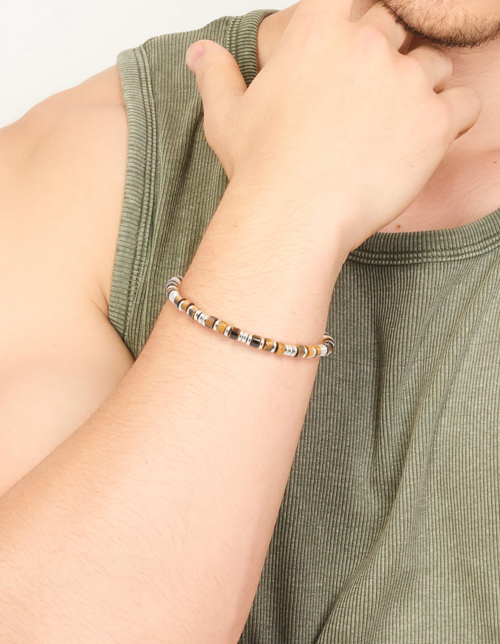 Mens Waterproof Stainless Steel Semi Precious Tiger's Eye Beaded Bracelet