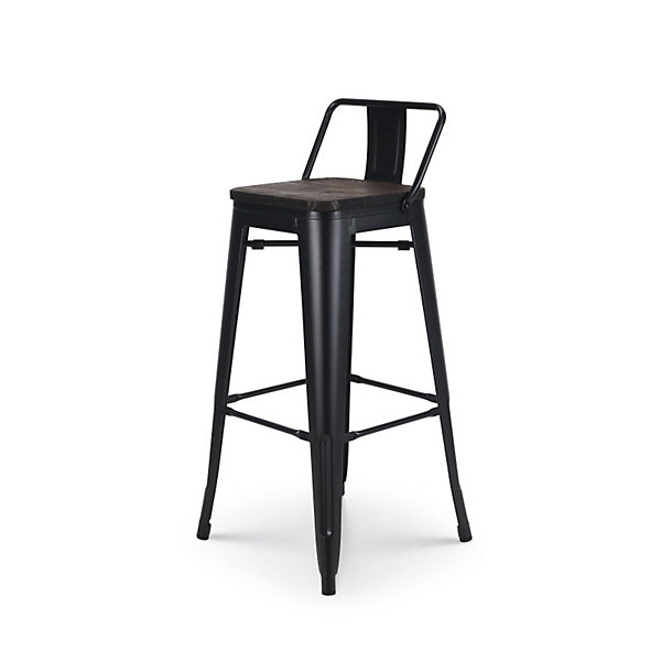 Lot de 4 tabourets de bar en métal noir mat style industriel avec dossier et assise en bois foncé Hauteur 76 cm