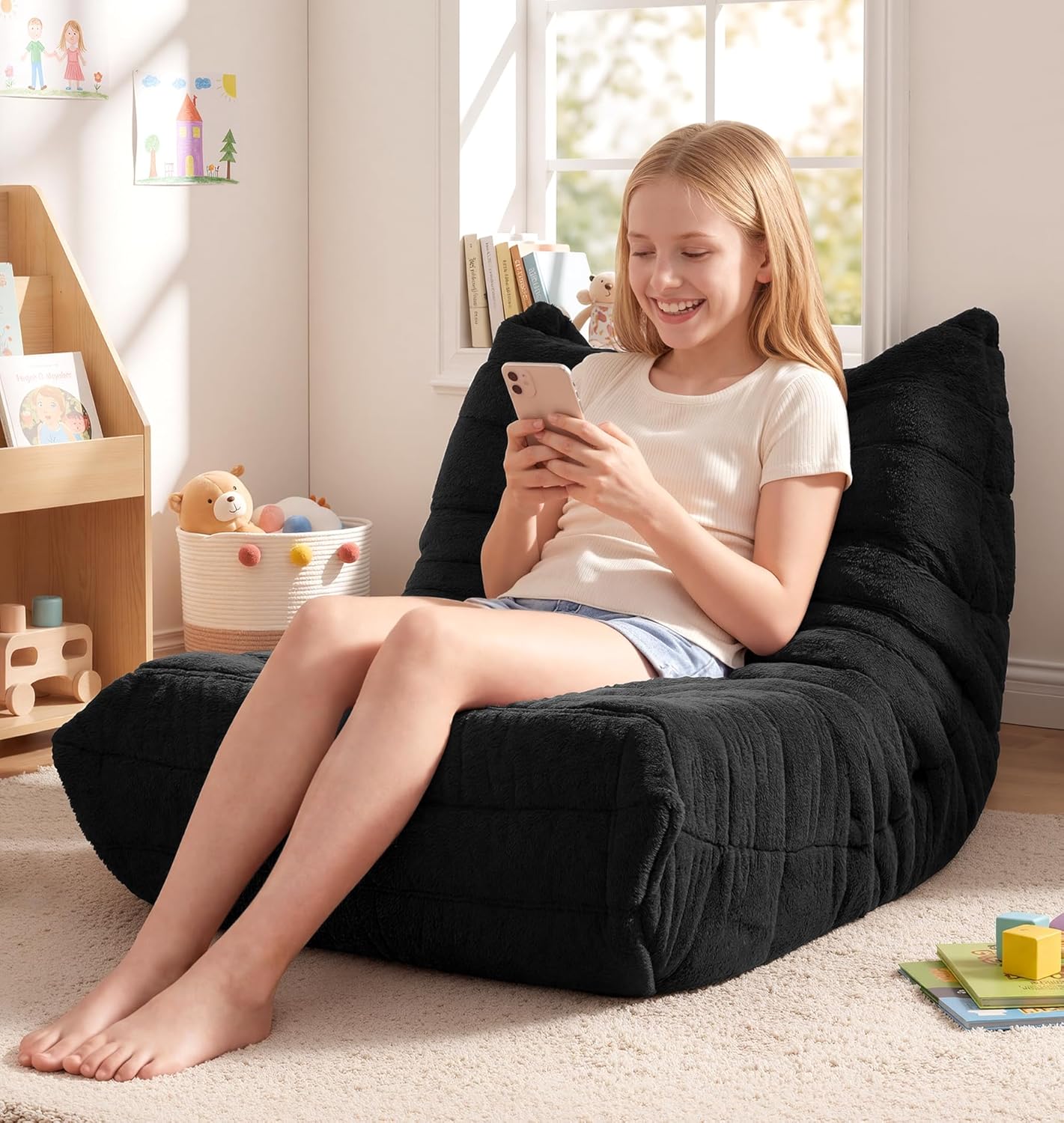 Hobestluk Bean Bag Chair with Memory Foam Ultra Soft Faux Fur Fabric Ergonomic Design Small Bean Bag Couch Beanbag Chair for Living Room Bedroom Playroom(Black Plush Medium)