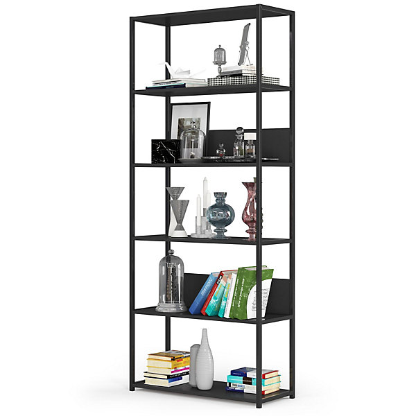 Bibliotheque murale industrielle sur pied Noire 80 cm façade Noire 6 étagères 80x32x192 cm