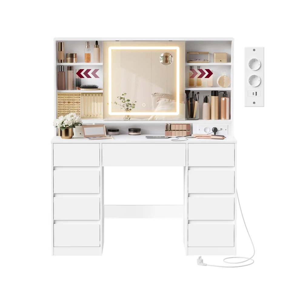 Coiffeuse avec miroir LED tiroirs et rangement