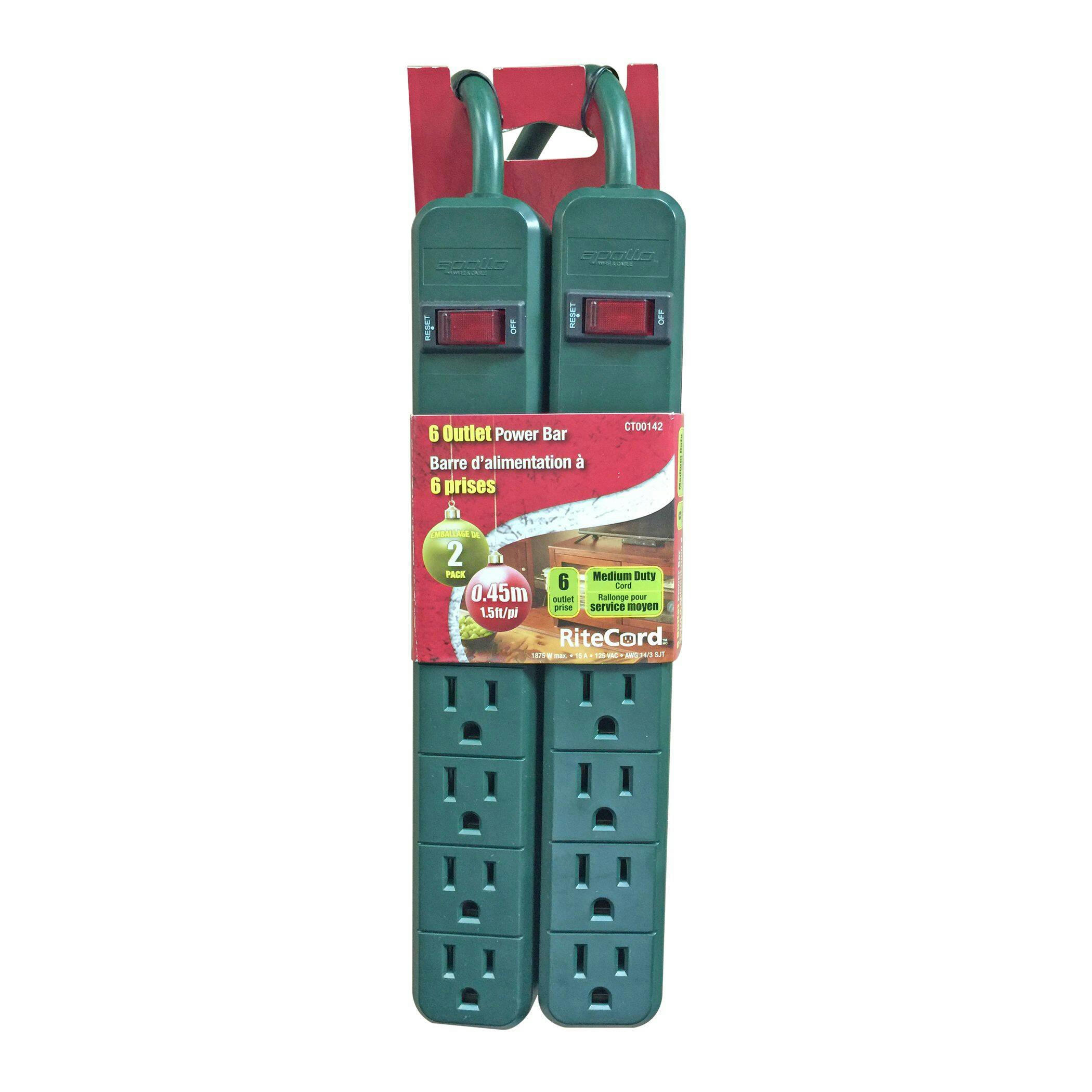 Ritecord 6-Outlet Power Bar, 2-pk, 1-ft 6-in cord, Green