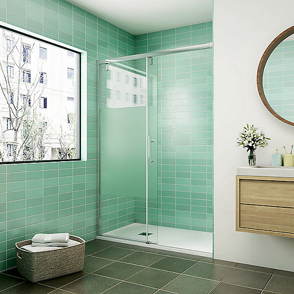 AICA porte de douche coulissante 140x190cm verre sablé au centre avec l'amortisseur porte coulissante installée à gauche