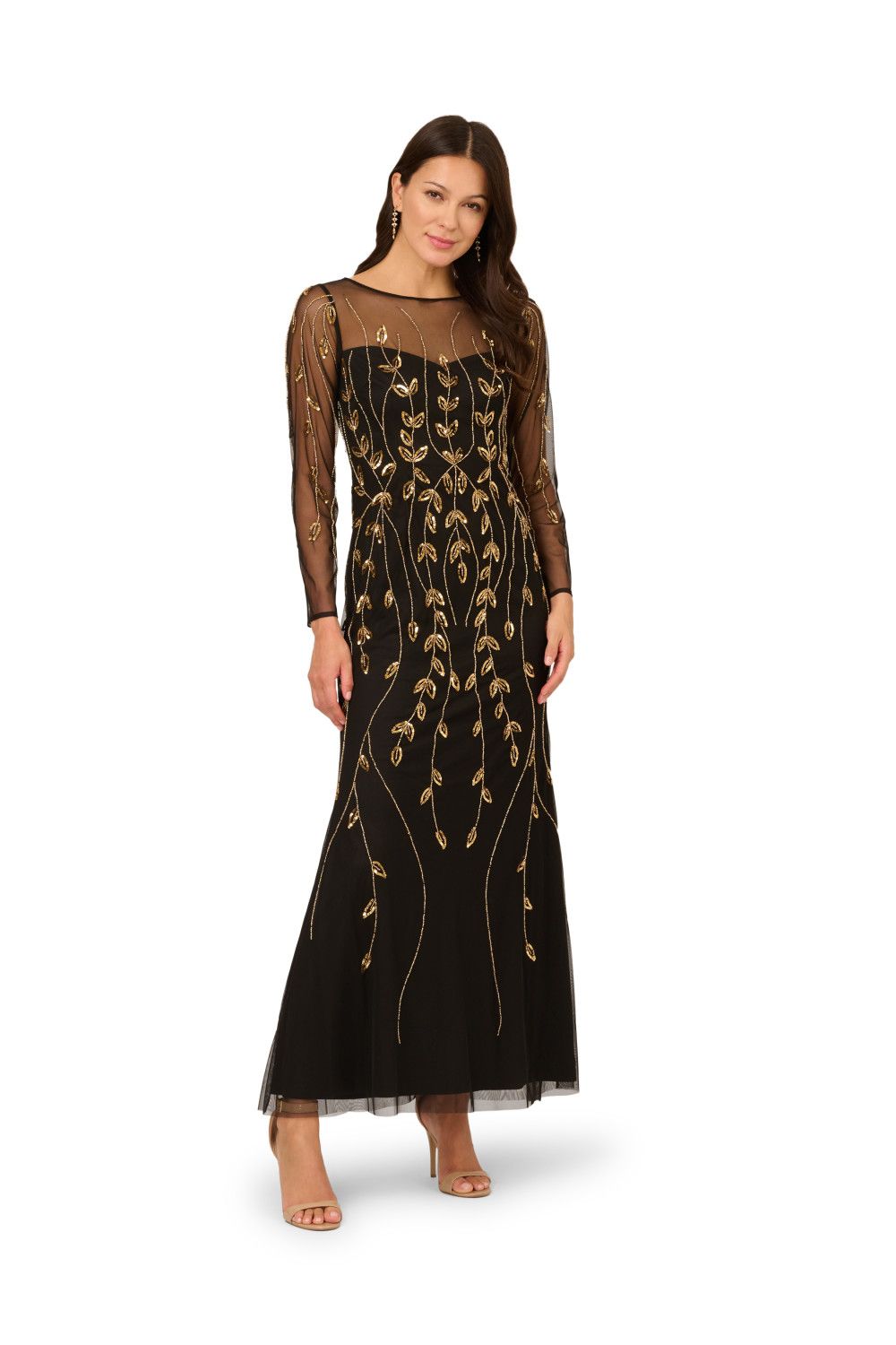 Papell Studio Long Sleeve Beaded Dress