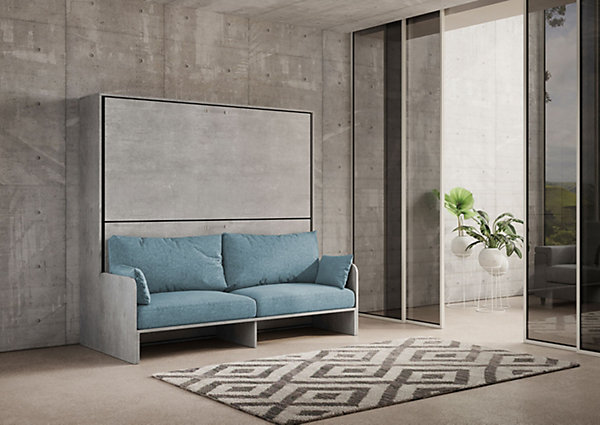 Lit double escamotable Kando avec canapé et matelas en ciment, bleu