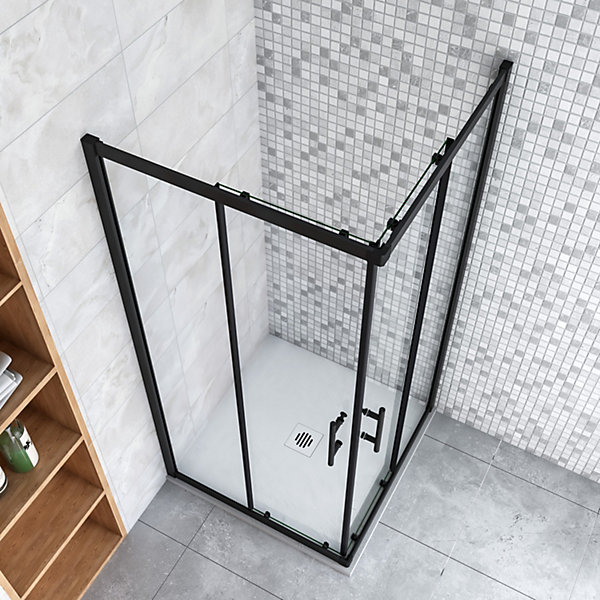 Cabine de douche 90x90x200cmaccès d'angle - Noir Mat , noire porte de douche coulissante, en 6mm verre anticalcaire