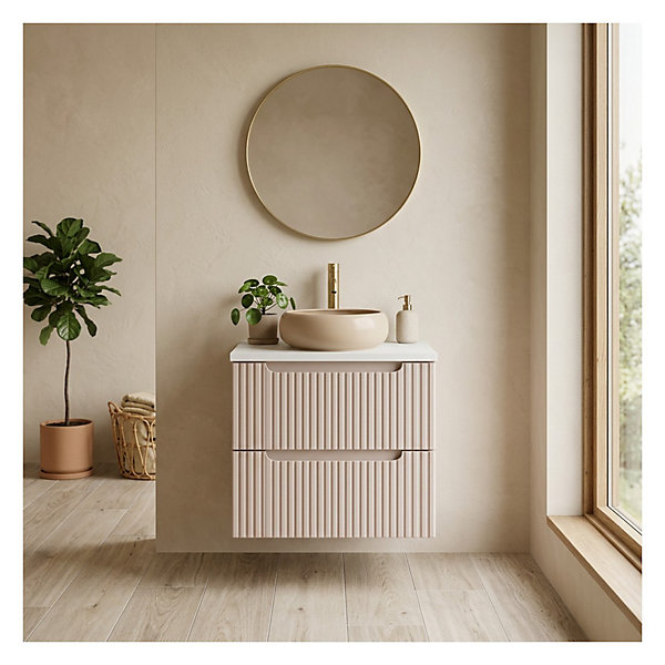 Ensemble de salle de bain VANO cachemire et blanc 60cm : meuble sous vasque à tiroirs rainuré verticalement et plan pour vasque