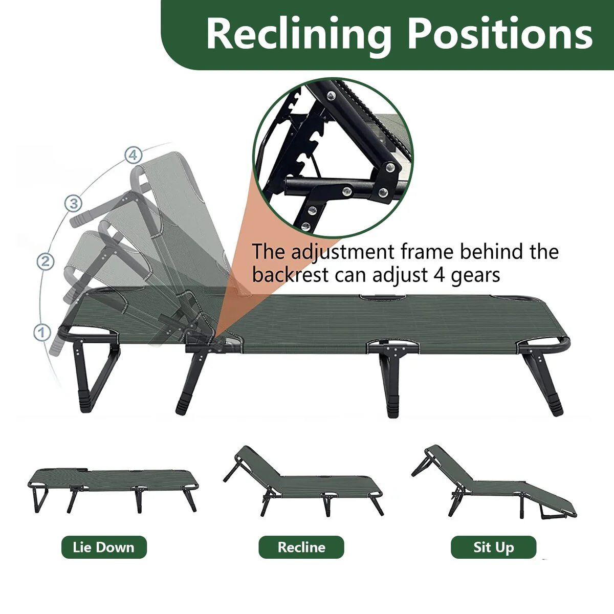Adjustable 4-Position Folding Lounge Chair, Camping Cot Bed with Pillow & Thicked Mattress
