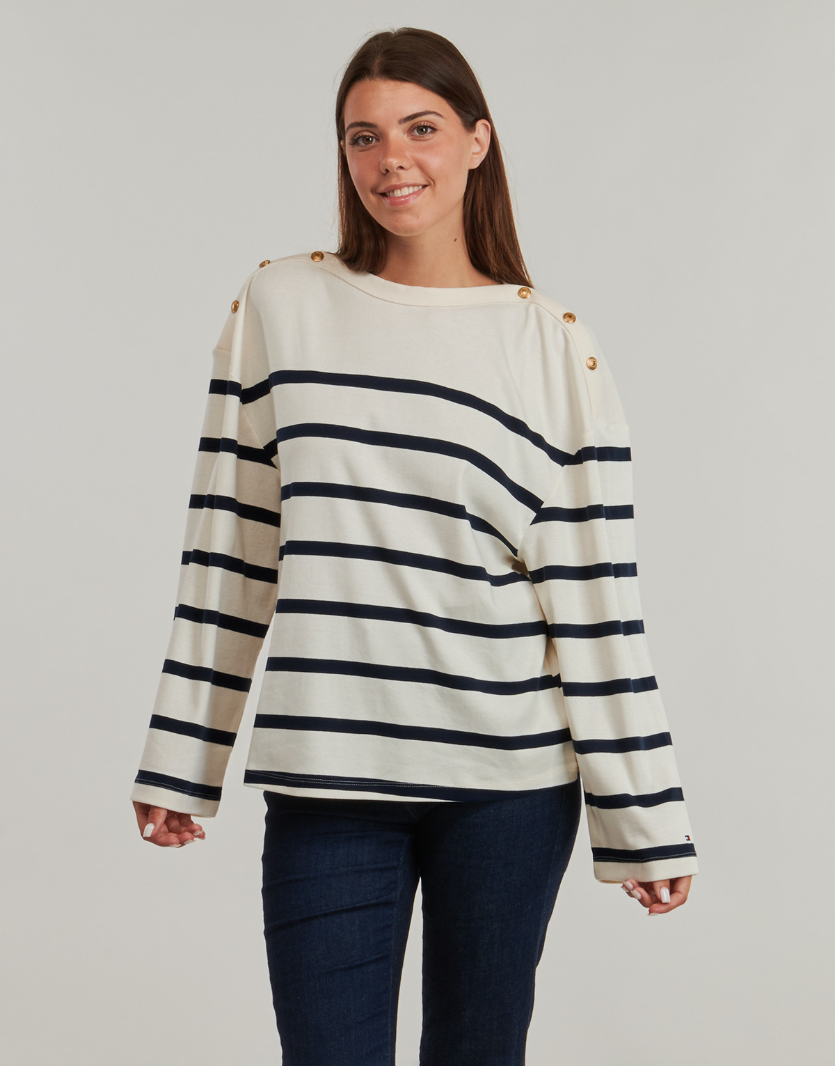 Tommy Hilfiger - LWK GOLD BUTTON BOAT-NK LS TEE - White / Marine