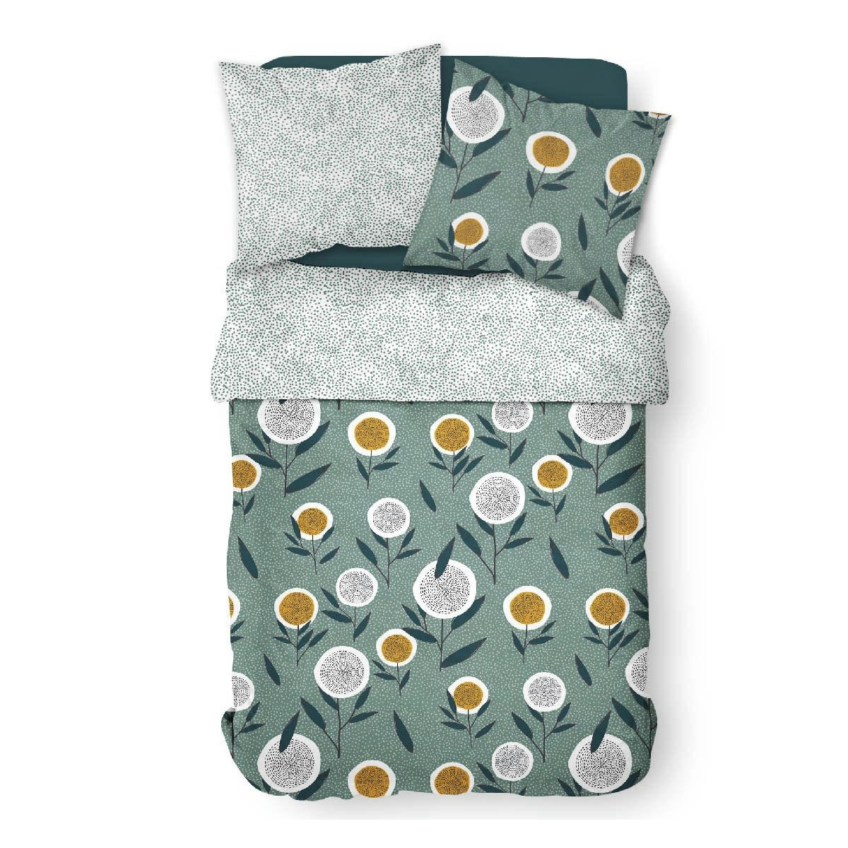 SUNSHINE - Parure de lit 2 personnes imprimé floral en Coton Bleu 220x240 cm