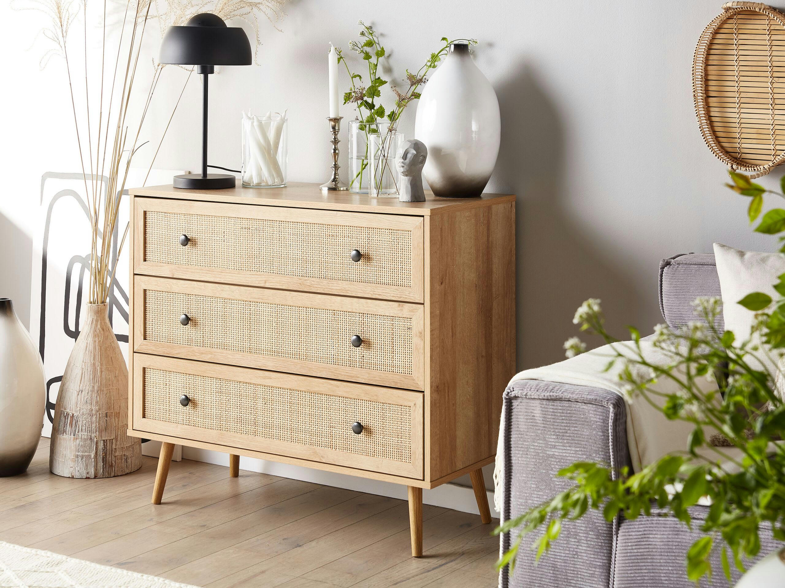 PONCA - Commode 3 tiroirs effet bois clair rotin