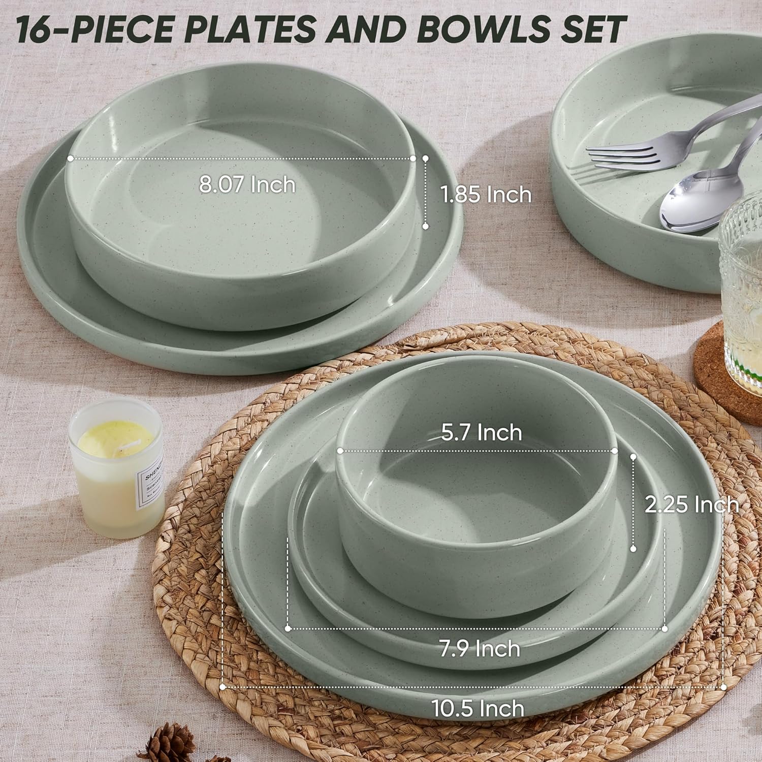 E-far 16-Piece Plates and Bowls Sets - Stoneware Dinnerware Sets with Pasta Bowls for 4 | Microwave & Dishwasher Safe Kitchen Modern Dish Set, Speckled Green