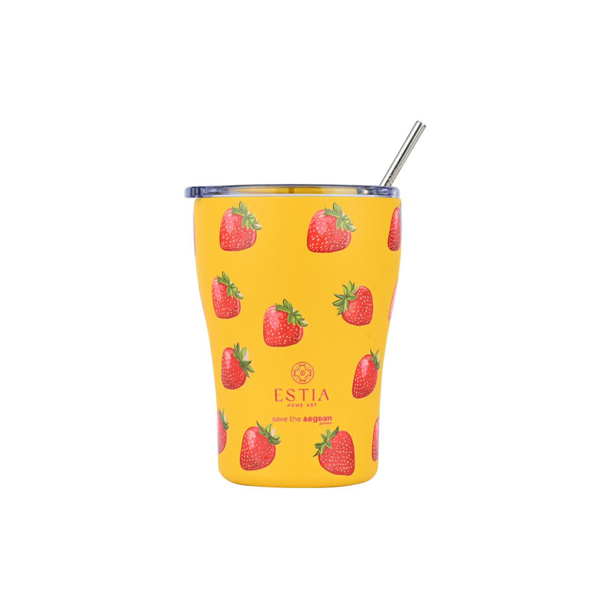 Kubek termiczny w truskawki 350 ml Berry stalowy żółty z słomką