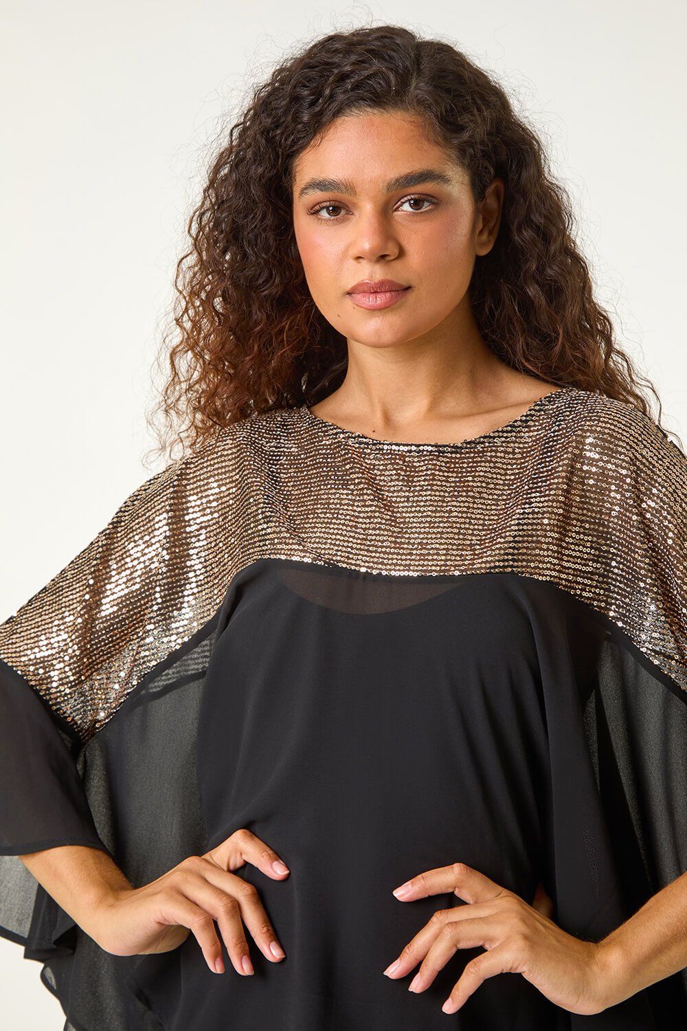 Roman Sequin Yoke Frilled Tunic Top