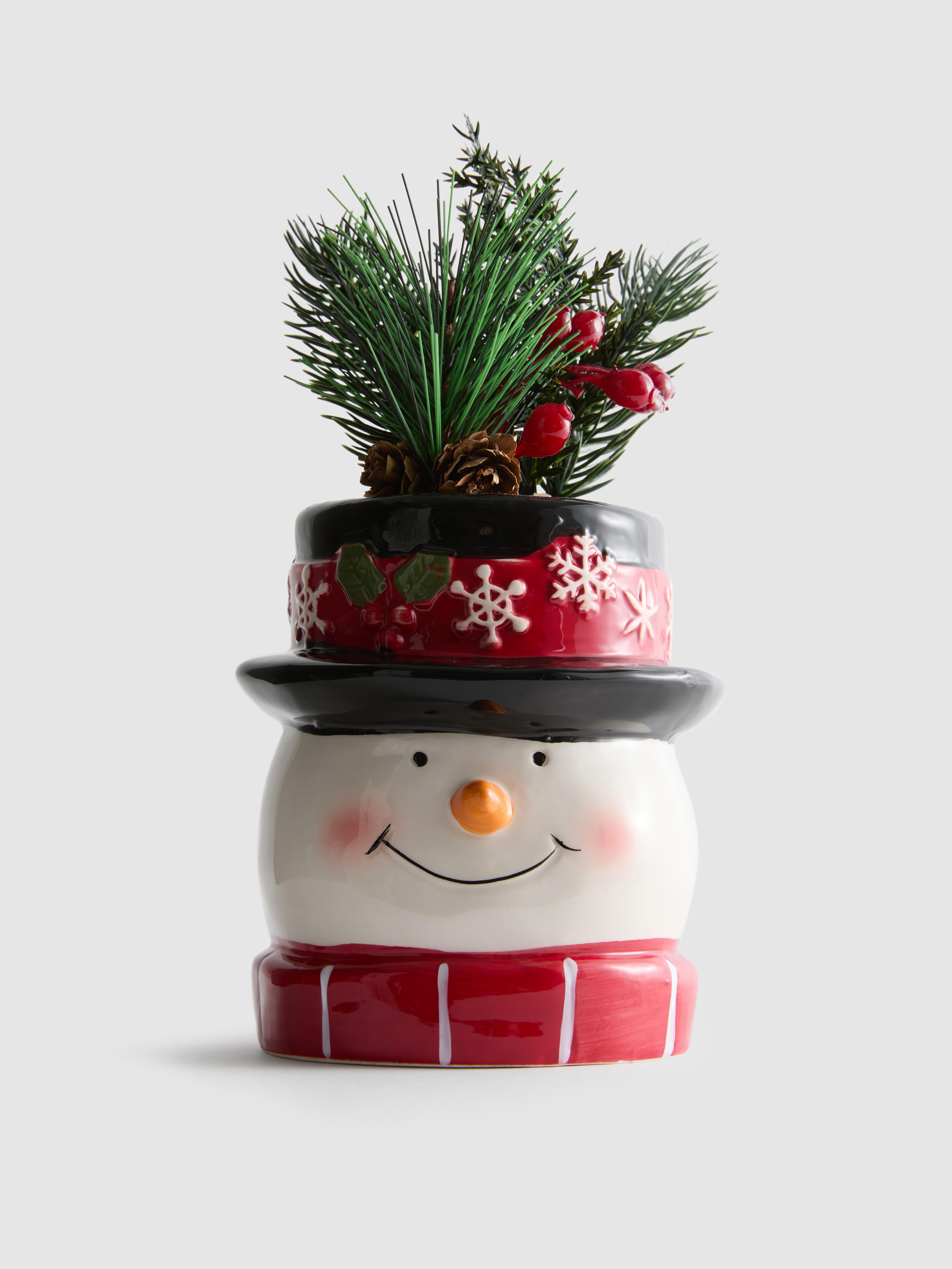 Faux Pine Sprig And Berries In Snowman Pot
