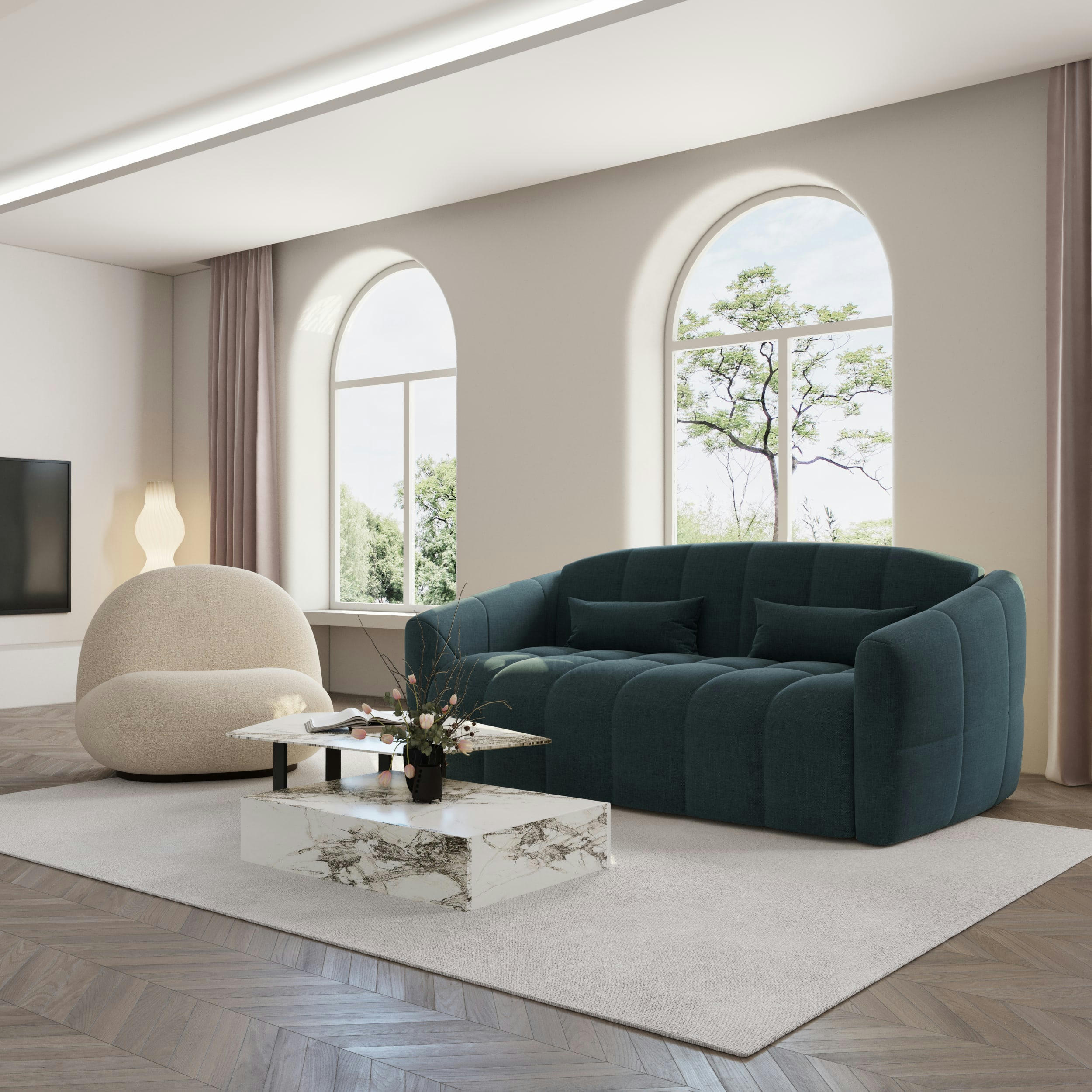 NORA - Canapé convertible express dunlopillo velours bleu paon 140cm