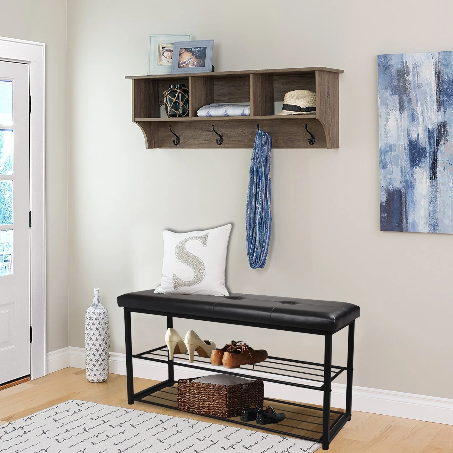 2 Tier Black Entryway Shoe Rack Bench with Cushioned Faux Leather Seat