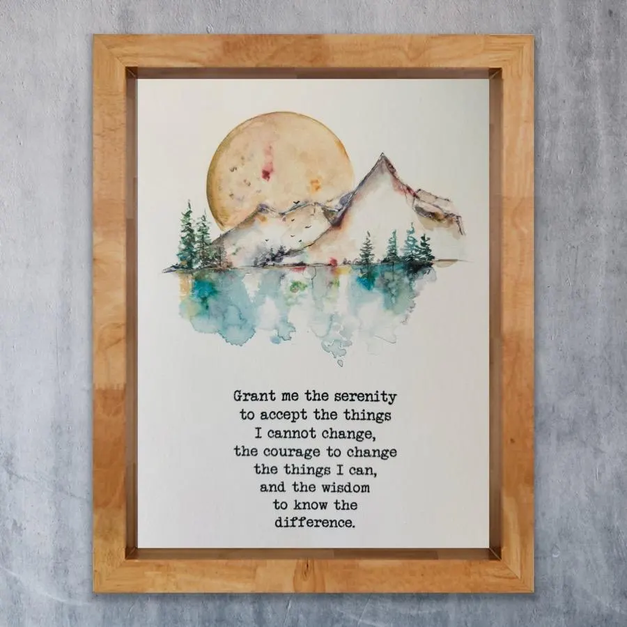 Serenity Prayer Moon Mountain Trees, Grant Me The Serenity Watercolour Art, COURAGE to Change The Things I Can, AA Serenity Mantra Wall Art
