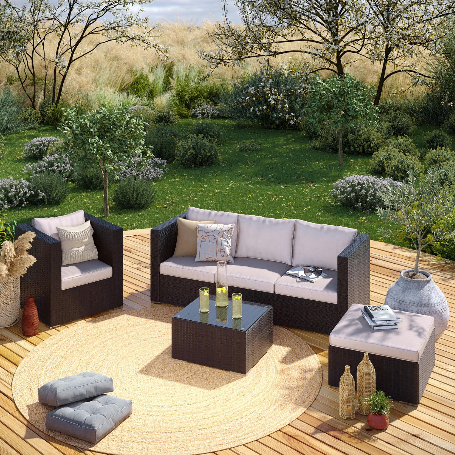 LUNGA 5 - Salon de jardin 5 places écru en résine tressée noire