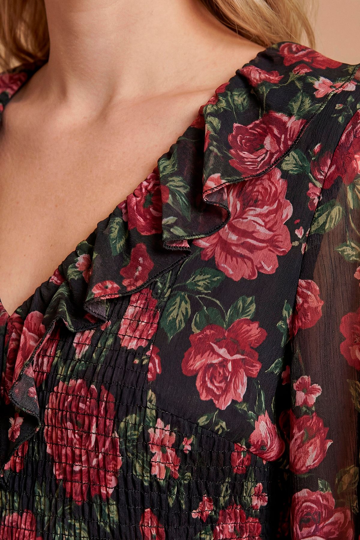Dorothy Perkins Petite Floral Pleat Bodice Ruffle Neck Blouson Sleeve Maxi Dress