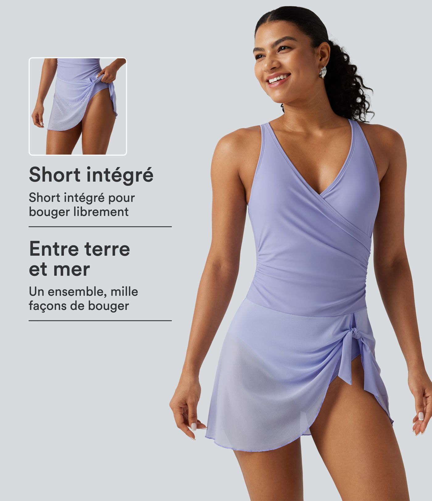 Robe de bain 2-en-1 gainante col V croisé avec fronces, ourlet asymétrique noué, mesh contrasté et brassière intégrée