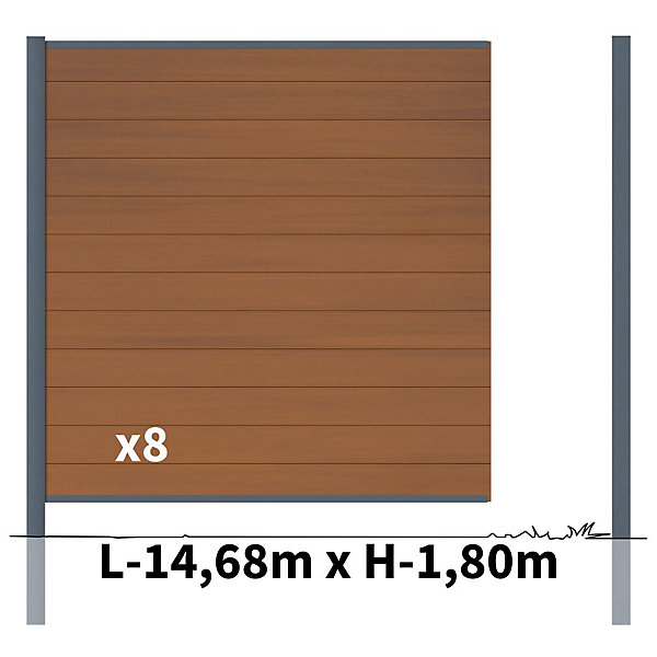 Kit Clôture Bois Composite Teck 14,5x1,8m CRUZ - Poteaux en Aluminium Gris - Brise Vue - Palissade