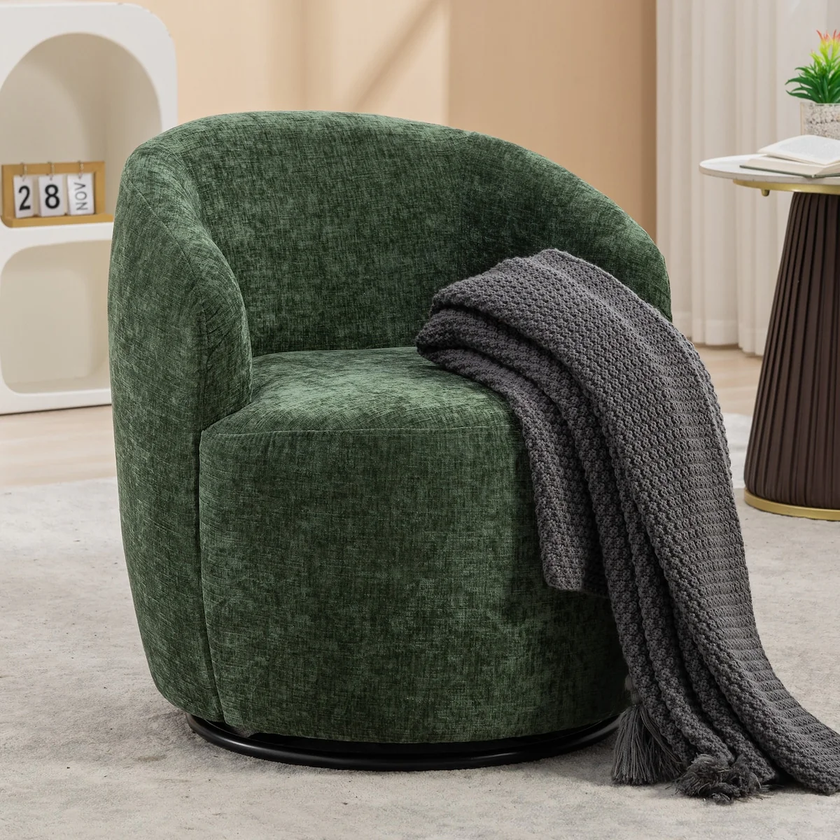 Chenille Fabric Swivel Accent Armchair Barrel Chair With Black Powder Coating Metal Ring