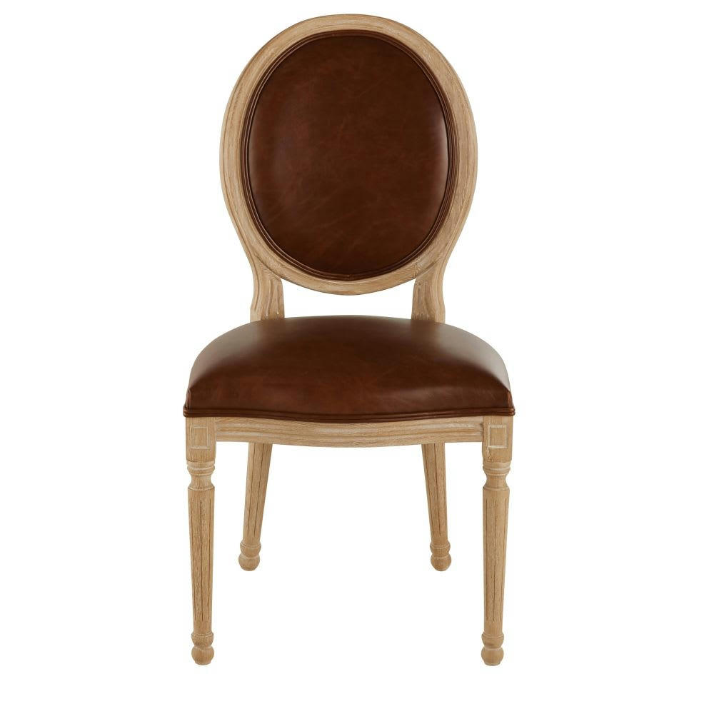 Louis - Chaise médaillon en cuir et bois de frêne massif marron