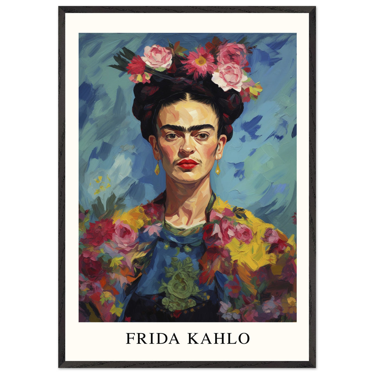 Artfulprints Poster met Lijst Frida Kahlo - Painted floral portrait  - 70x100 cm - Meerkleurig