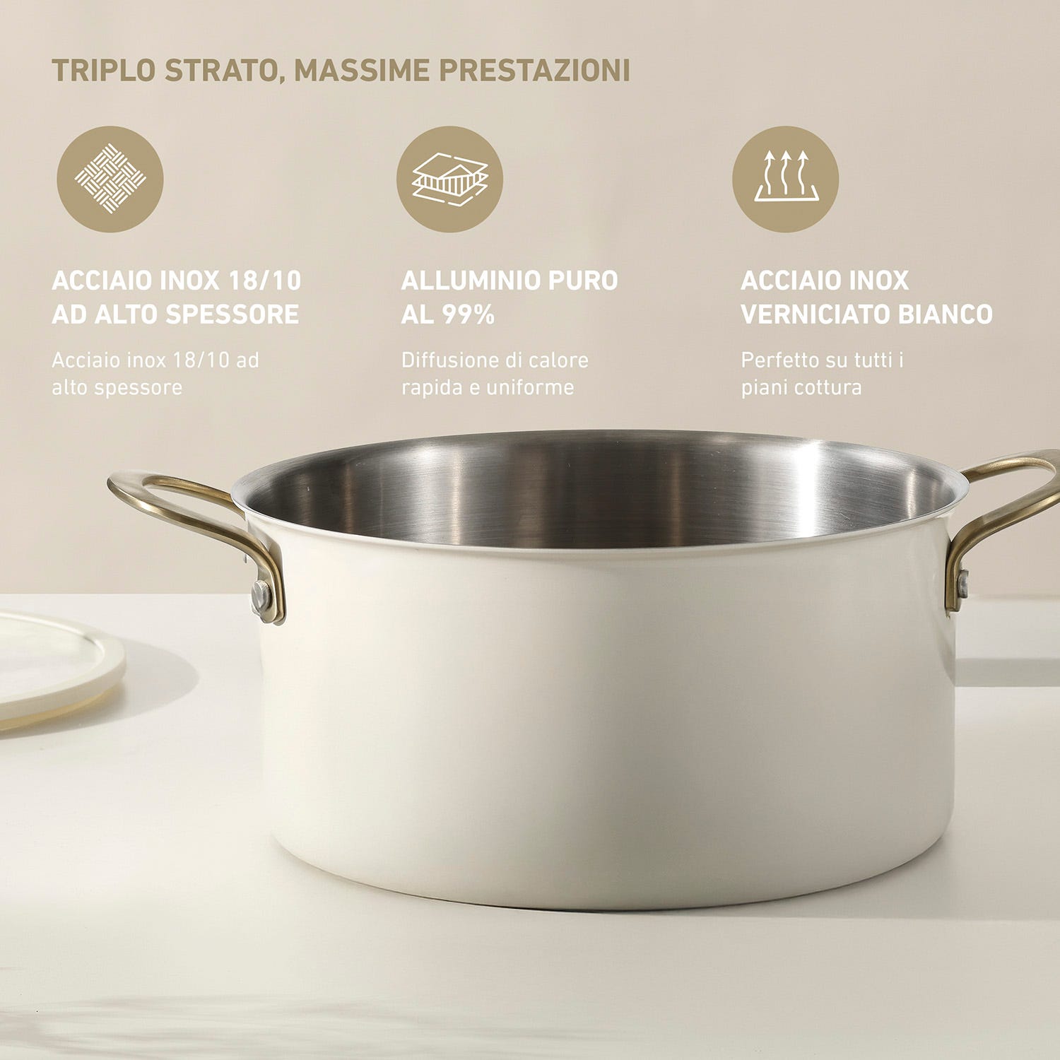 Casseruola 24 cm in acciaio bianco oro California con coperchio