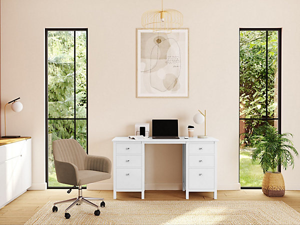 Chaise de bureau - Velours - Beige et argenté - Hauteur réglable - ELEANA