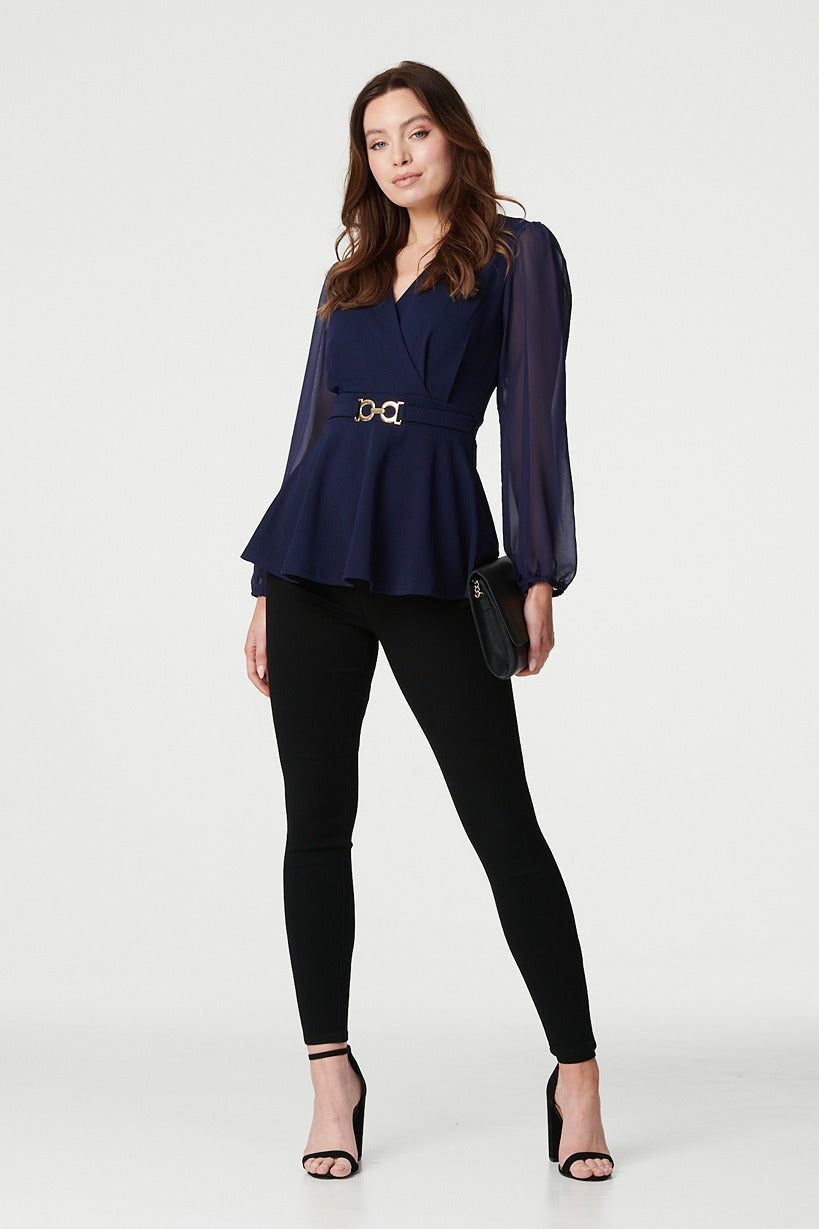 Izabel London Sheer Sleeve Wrap Front Blouse