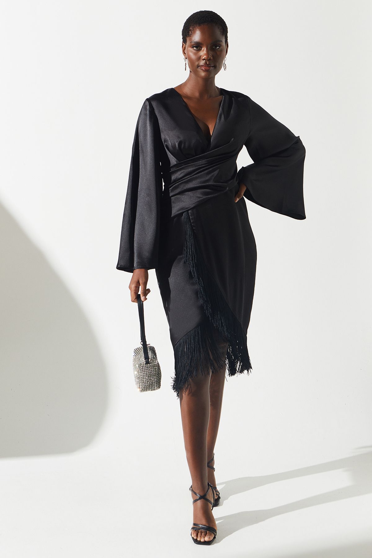 Coast Satin Fringe Hem Wrap Waist Midi Dress