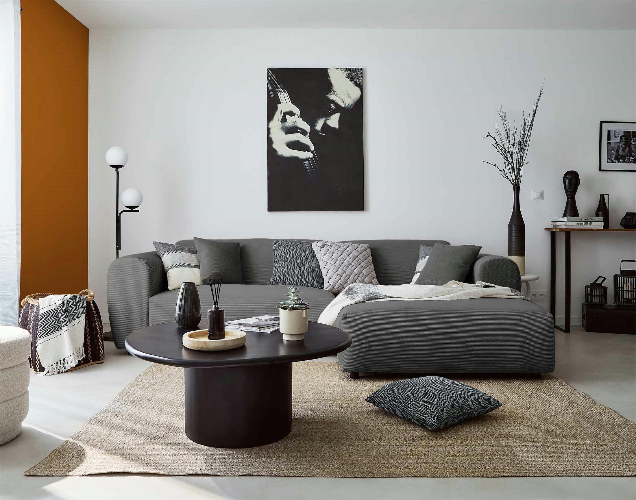 AUMANCE - Canapé d'angle droit 4 places en velours côtelé gris foncé