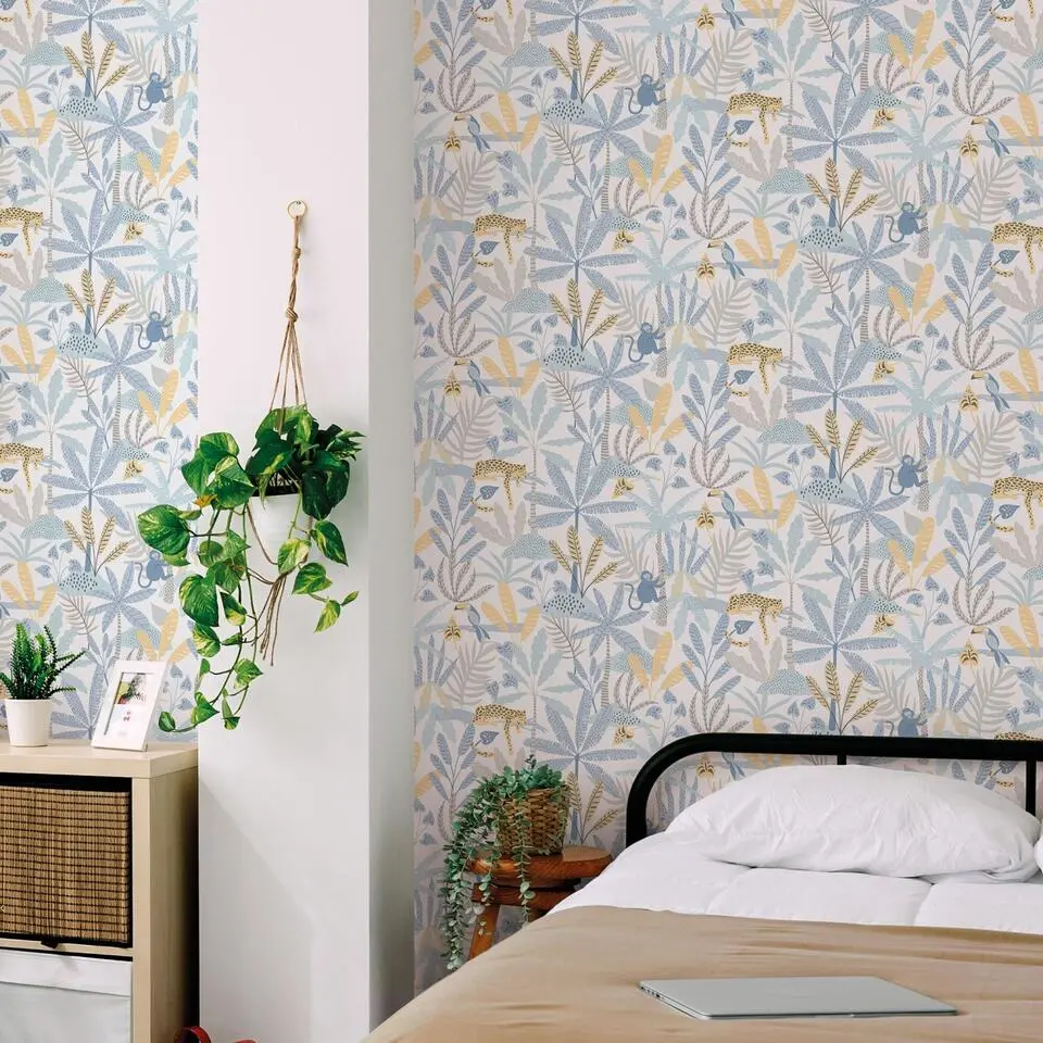 Sanders & Sanders behang jungle dieren blauw, grijs en geel - 53 cm x 10.05 m