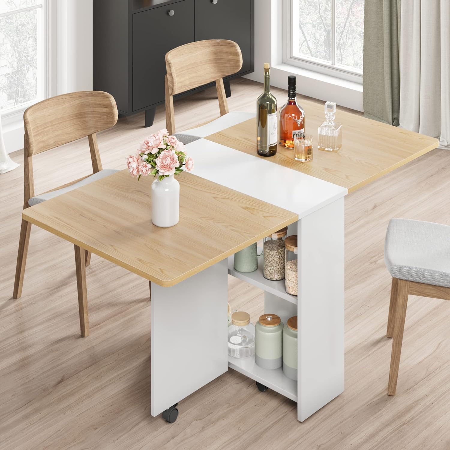 Space Saving Folding Dining Table with 2 Tier Storage-Extendable Drop Leaf Farmhouse Wood Kitchen Dining Room Tables Set for 4, Collapsible Expandable Rectangle Dinner Kitchen Office Furniture
