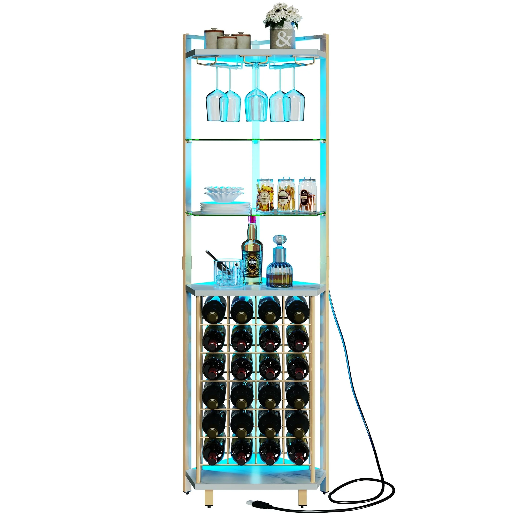 Moasis 4-Tier Corner Wine Rack Bar Storage with Glass Holder and Shelves